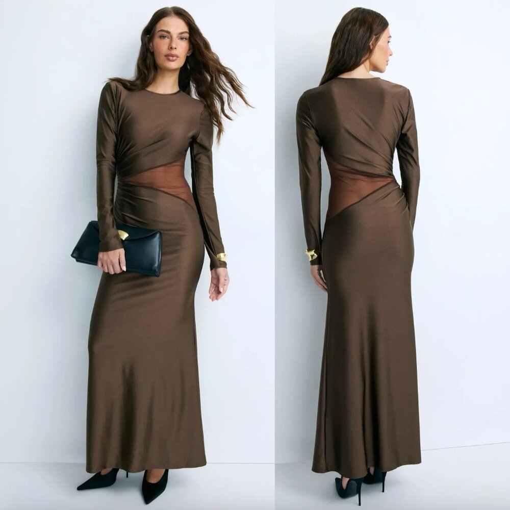 DELFI Collective Giordana Maxi Dress in Chocolate Brown Long Sleeve Gown Small S